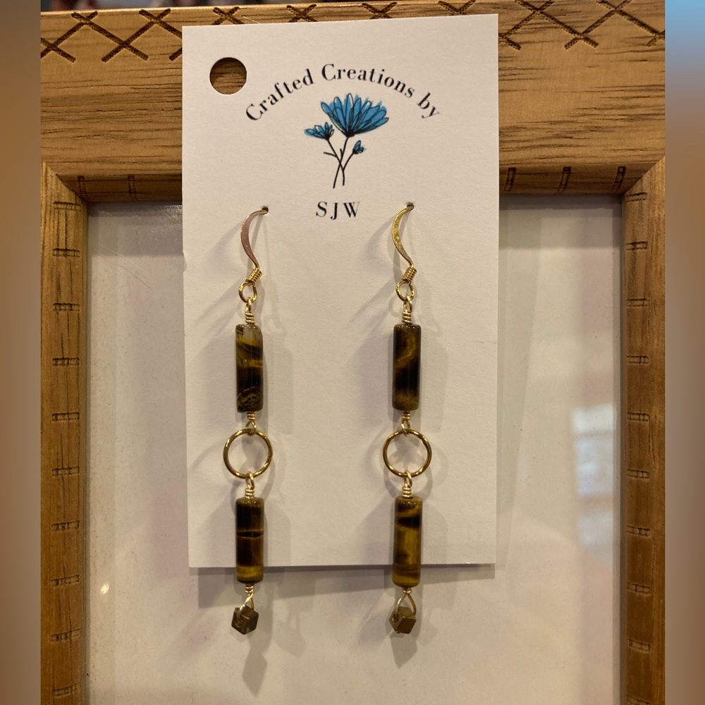 Gold and Brown Tigers Eye Dangle Earrings